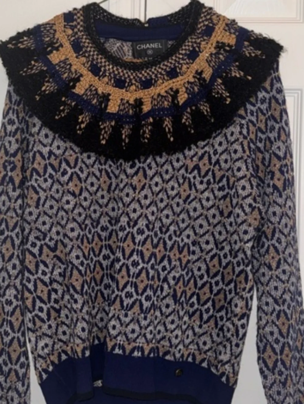 CHANEL Navy, Tan and Black Fair Isle Yoke Sweater